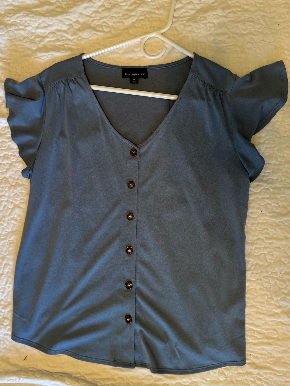 Fortune & Ivy Blue Button-Front V-Neck Blouse